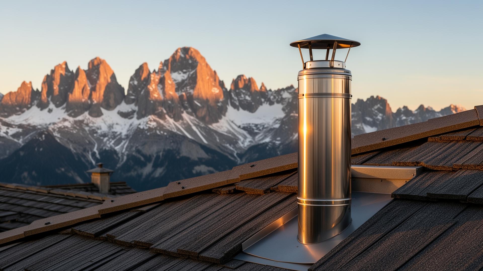 Canna fumaria in acciaio inox installata su tetto alpino
